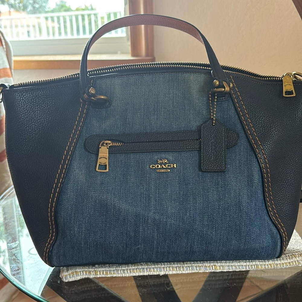 Coach prairie satchel in denim and polished leather